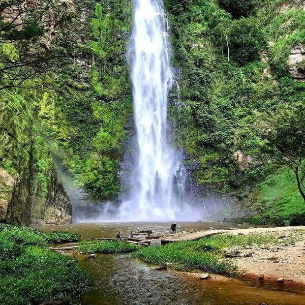 A tall waterfall falling through dense green forest into a pool in Ghana