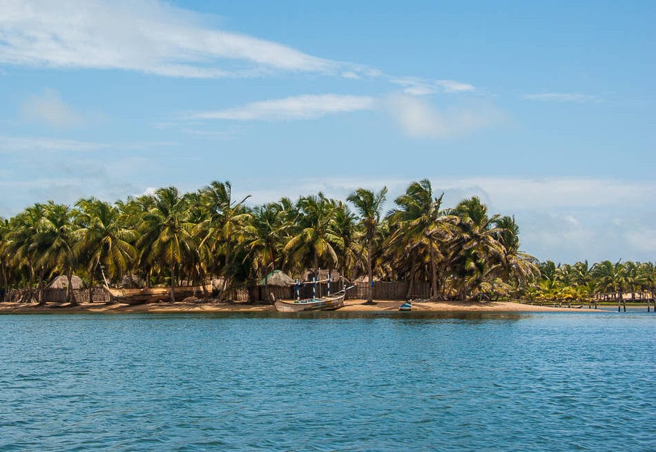 Palm-lined coastal lagoon with wooden fishing boats along Ghana's shoreline
