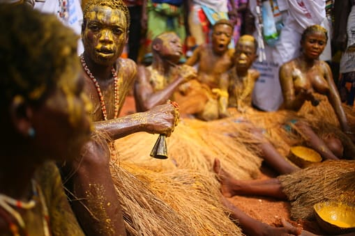 Fetish market stall in Cotonou selling traditional voodoo items