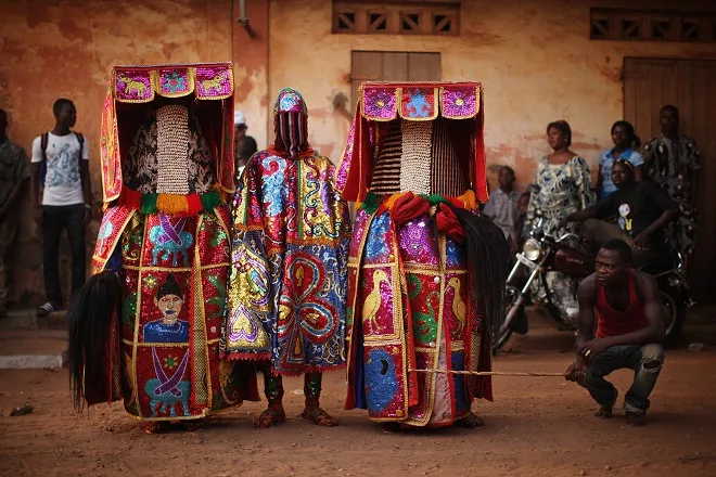 Colorful Egungun masquerade costumes in Benin