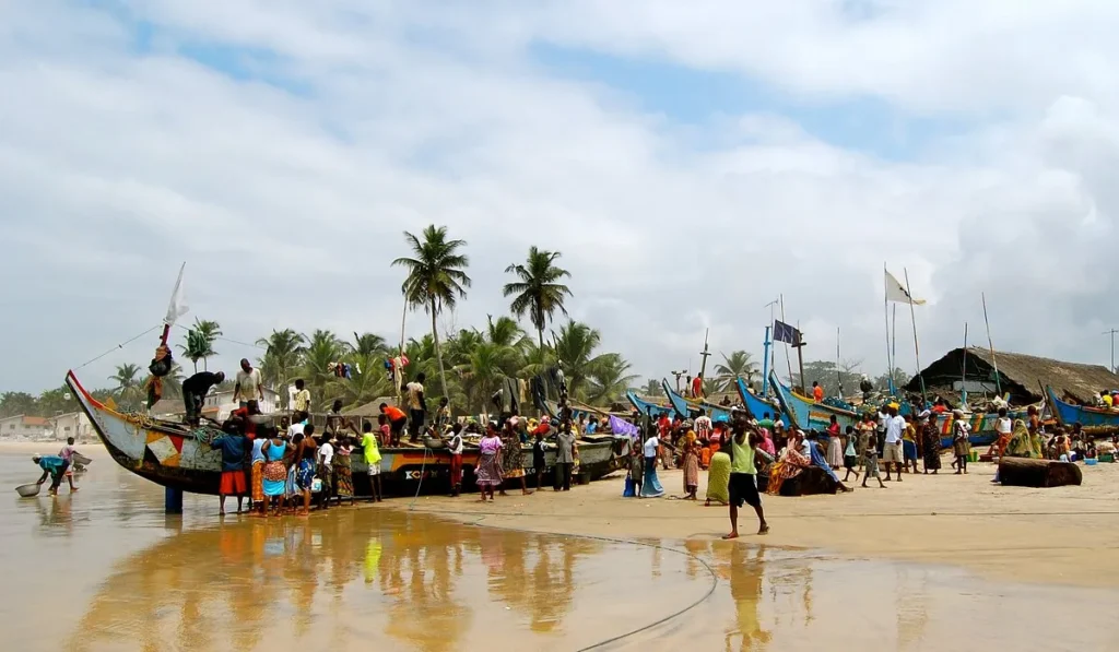Fishing pirogues on the beach at a Cote d'Ivoire coastal village