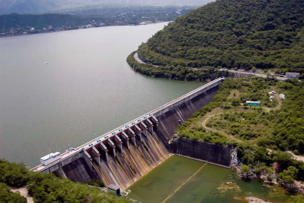 Aerial view of the Akosombo Dam and Lake Volta, Ghana