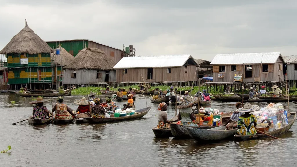 Wooden pirogues at a lakeside stilt village in Togo